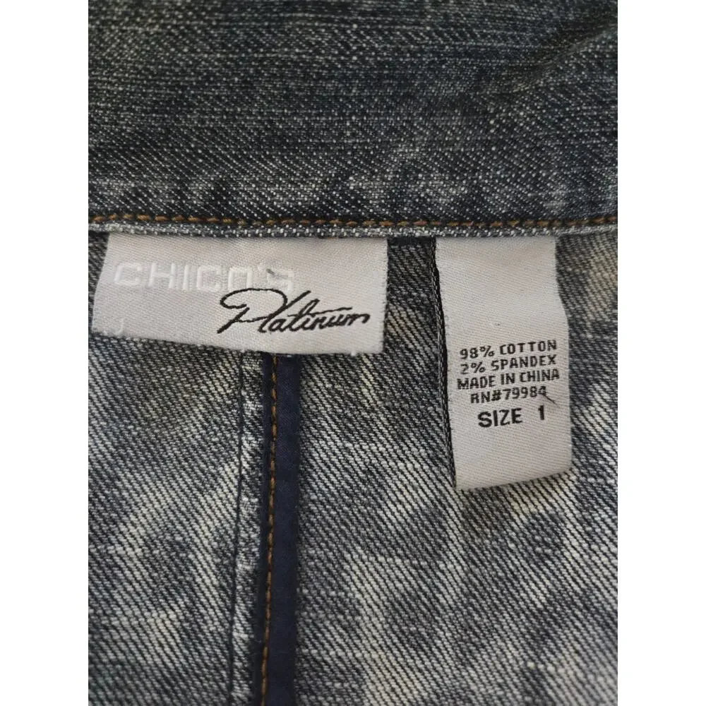 Ruffled Front Chicos platinum jean jacket  Chico size 1 (Approx Size 8-10)